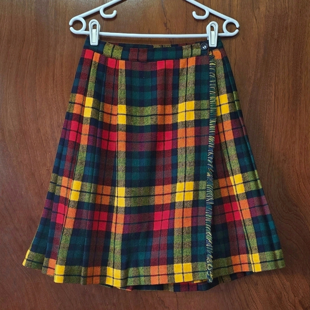1950s Vintage Pleated Skirt 50s Rainbow Wool Fringe Plaid Colorful XS Small MCM